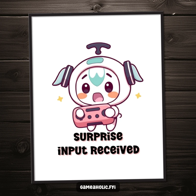 Funny poster showing a character looking surprised while catching a flying game controller, symbolizing unexpected gaming fun.