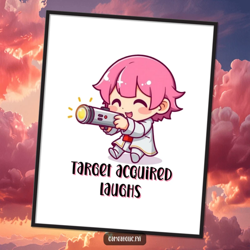 Funny poster of a character playfully aiming a glowing joystick, highlighting concentration and the thrill of gaming.