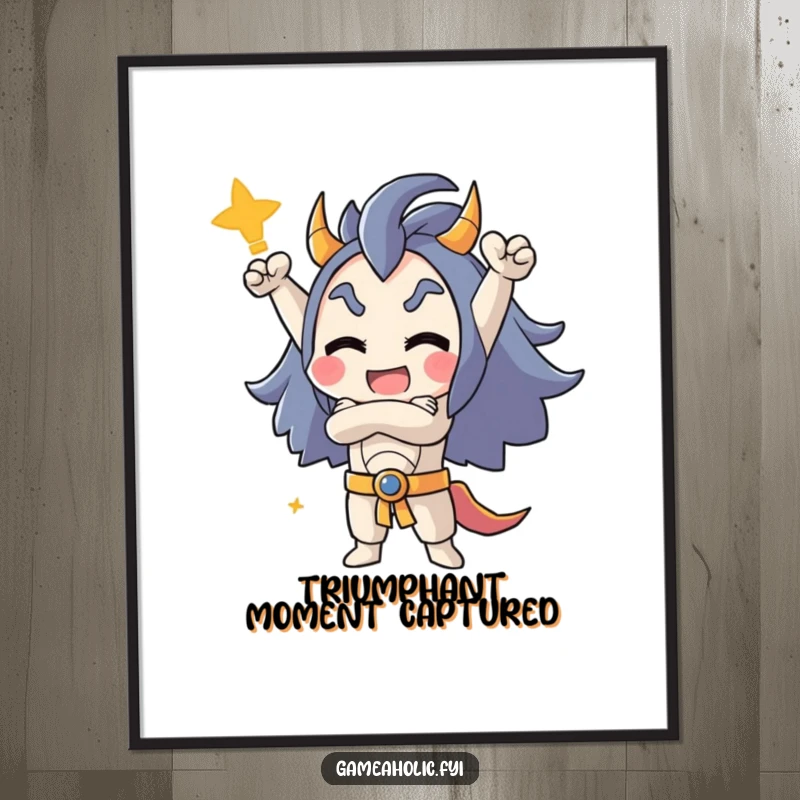 Funny poster showcasing a character in a powerful, triumphant pose with crossed arms, celebrating a major gaming win.