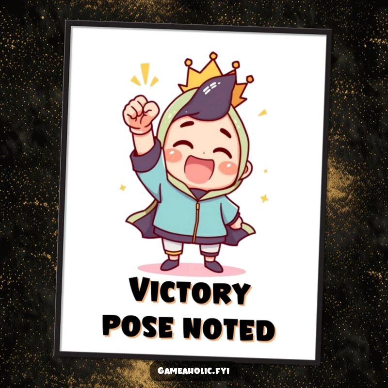 Funny poster art of a character celebrating a win with a triumphant fist pump, capturing the essence of victory and joy.