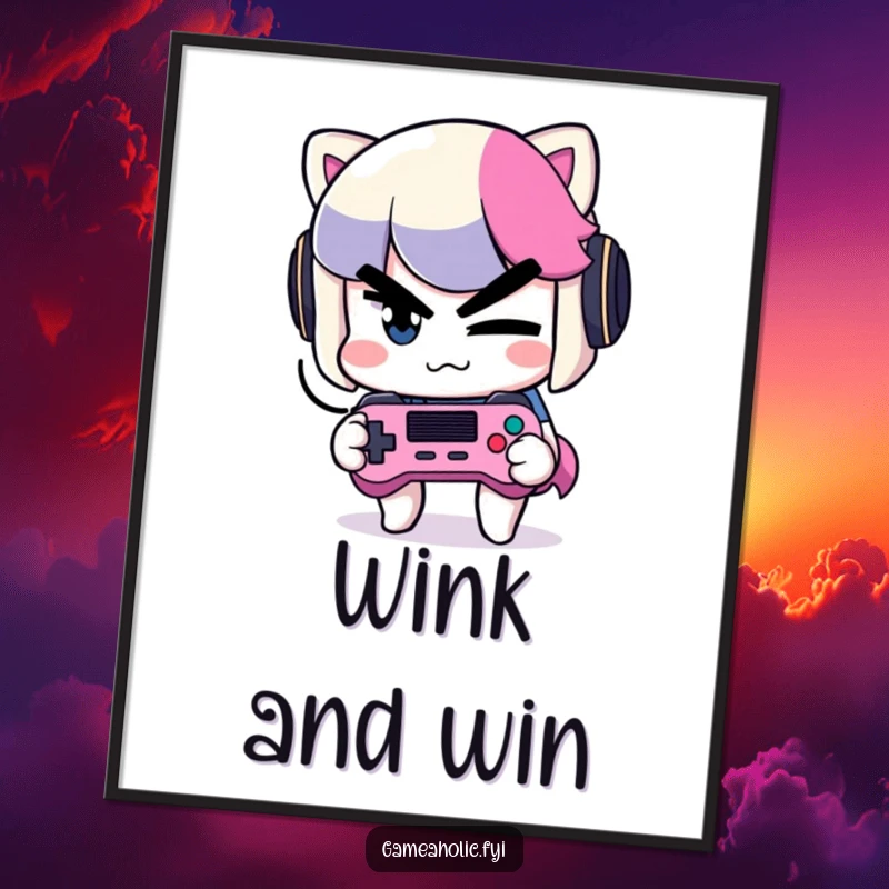 Funny Winking Gamer Poster: Wall art featuring a mischievous character winking slyly while holding a video game controller.