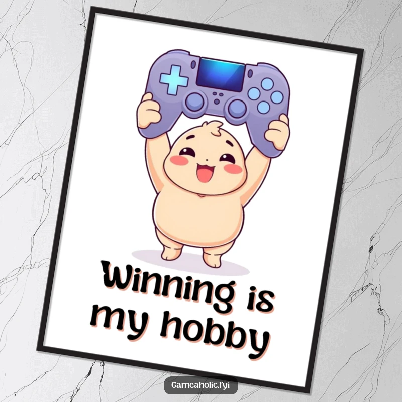 Funny Poster: Chubby gamer holds a giant, glowing game controller aloft in a moment of pure gaming victory.