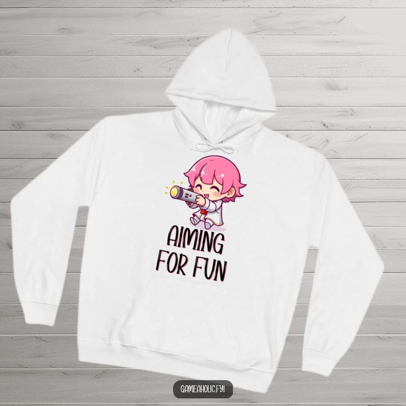 Funny hoodie depicting a character with a focused gaze, aiming a small, glowing joystick, ready for intense gameplay.