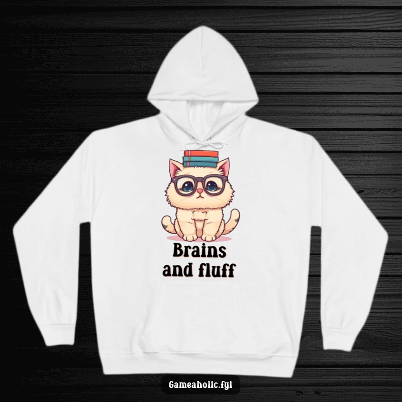 Funny hoodie graphic of a fluffy cat wearing oversized glasses, struggling humorously to balance a large stack of books on its head.