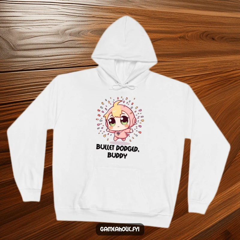 Funny Pixel Bullet Hoodie: A warm hoodie depicting a character with wide eyes dodging tiny pixelated bullets, perfect for gamers seeking comfort and humor.
