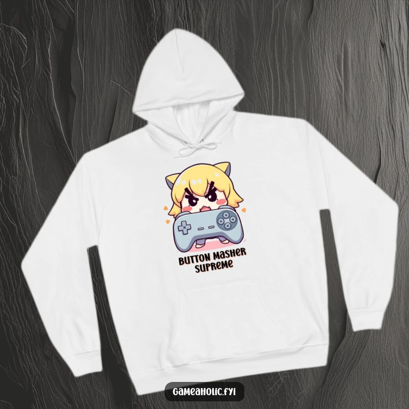 Funny hoodie showing a cute character with a determined expression frantically mashing buttons on a controller.