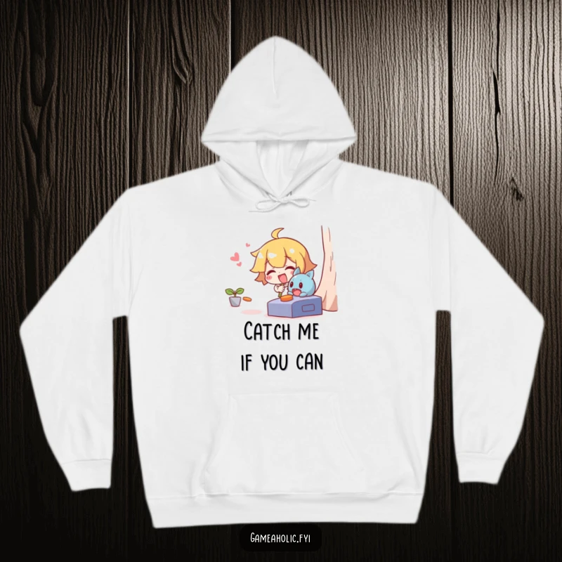 Funny hoodie illustrating a giggling character's pursuit of a mischievous character making a daring escape from a video game.