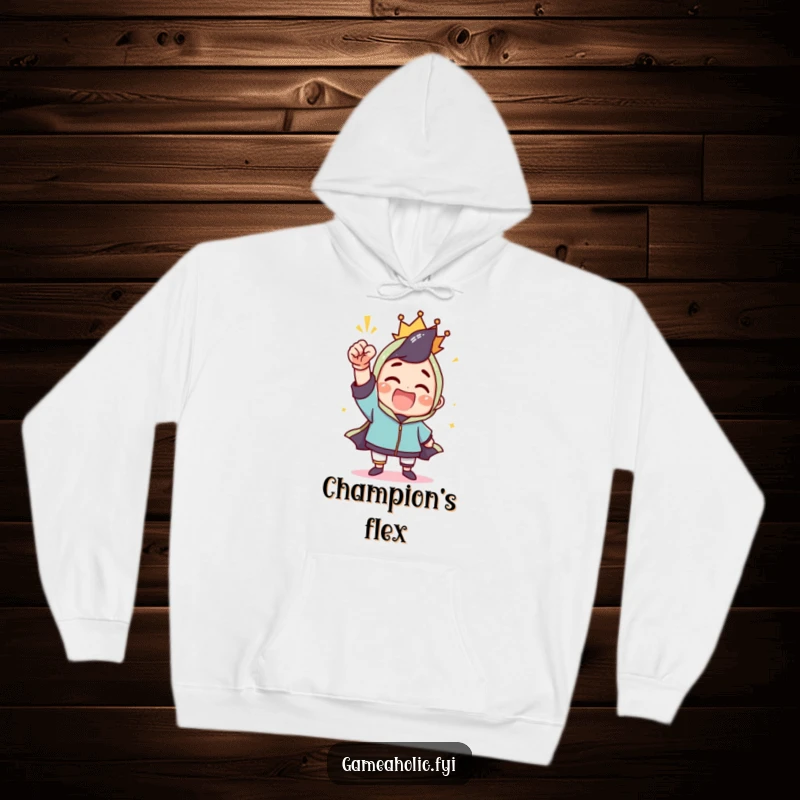 Funny hoodie featuring a character celebrating a win with a triumphant fist pump, combining warmth with victorious cheer.