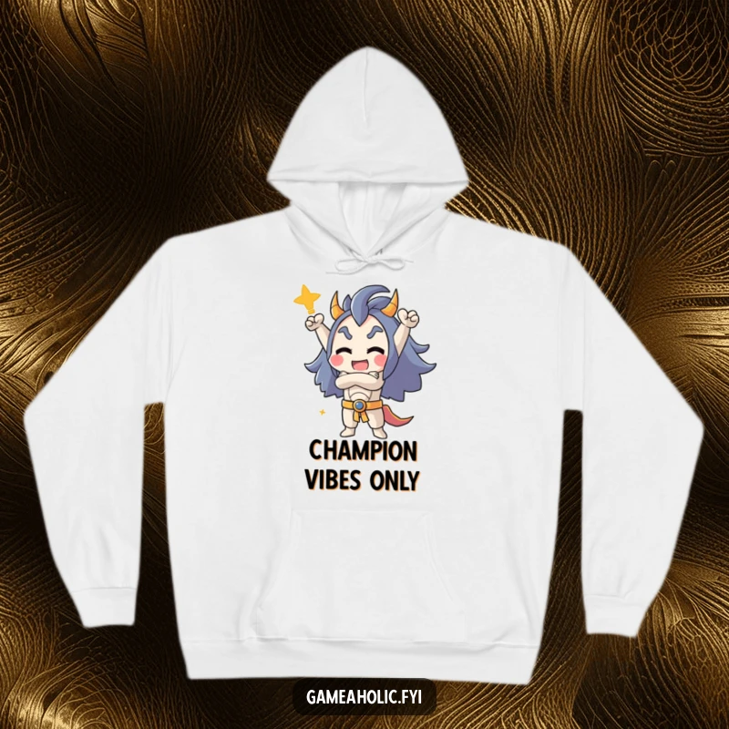 Funny hoodie depicting a character striking a triumphant pose with crossed arms, exuding confidence after a successful gaming achievement.