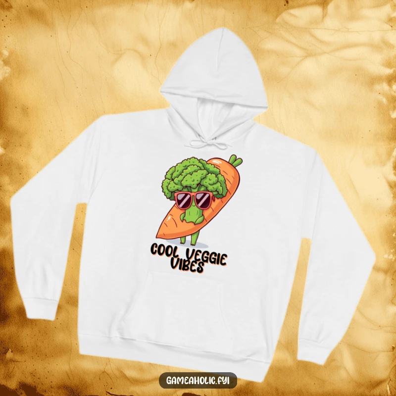 Funny hoodie featuring a shy broccoli stalk in large sunglasses, peeking from behind a giant carrot, embodying cool secrecy.