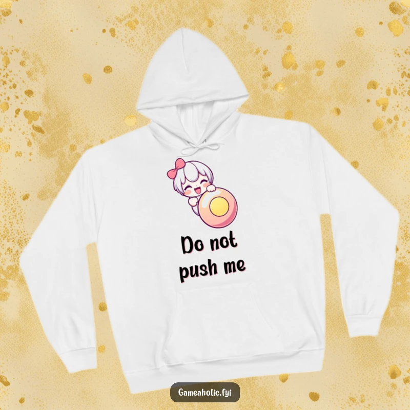 Funny hoodie with a cute character excitedly pressing a big, bright button, perfect for gamers seeking cozy and humorous attire.