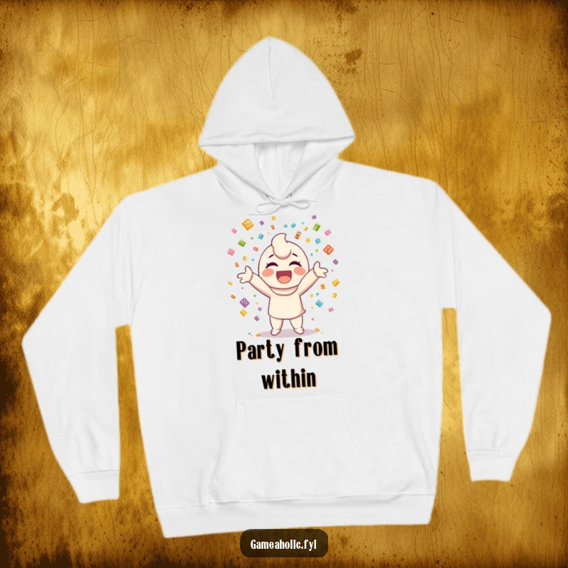 Funny hoodie featuring a happy character showering confetti made of small video game icons, celebrating success.