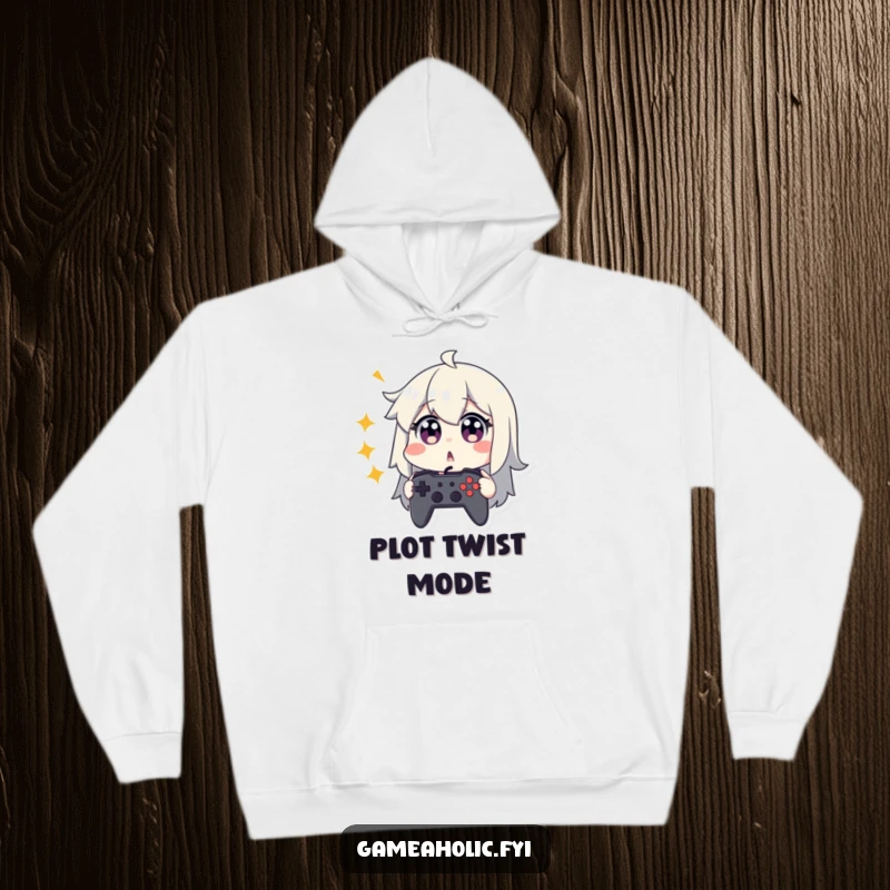 Funny hoodie featuring a character with wide, surprised eyes, gripping a game controller tightly.