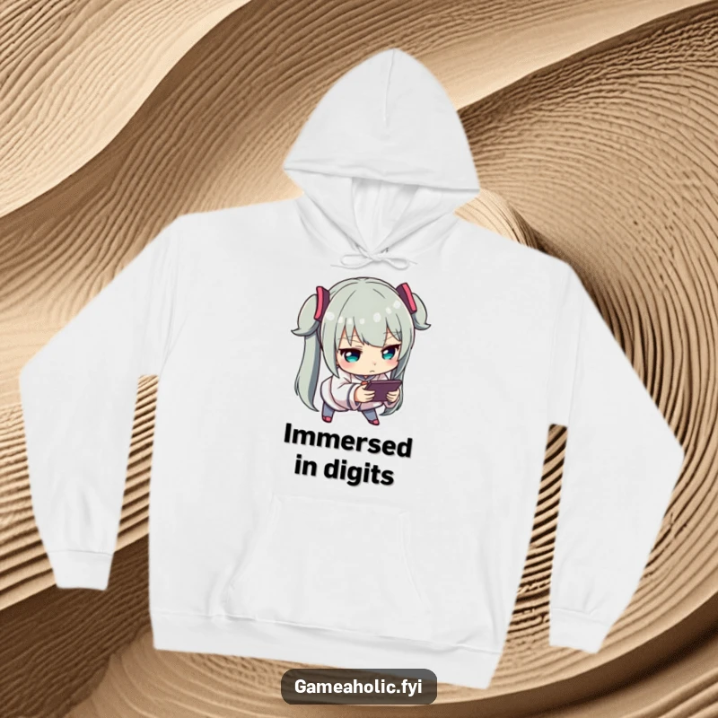 Funny Intense Gamer Hoodie: A warm, hooded sweatshirt featuring a character leaning forward, intensely focused on a handheld gaming device.