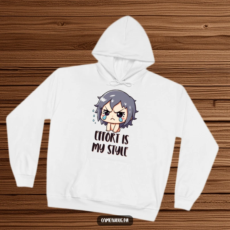 Funny Hoodie: Playful character deeply focused, sweat drops flying, symbolizing dedication in a cozy hoodie.