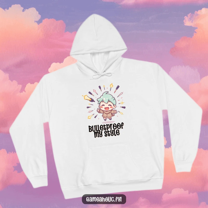 Funny hoodie with a character gleefully evading digital projectiles, a humorous and cozy item for dedicated gamers.
