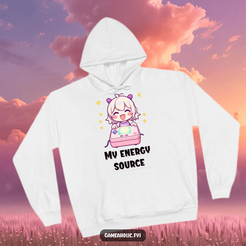 Funny Hoodie showing a character happily powering up a stylized, glowing game console, perfect for staying warm while gaming.