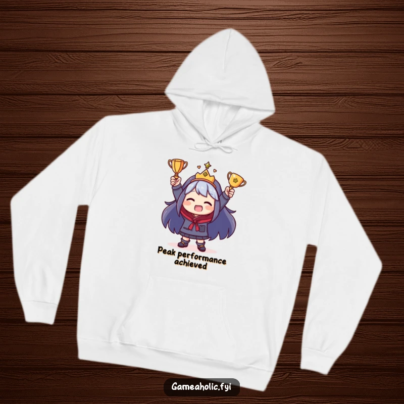 Funny Hoodie with a character displaying immense pride while holding a miniature trophy, a symbol of funny, small triumphs.