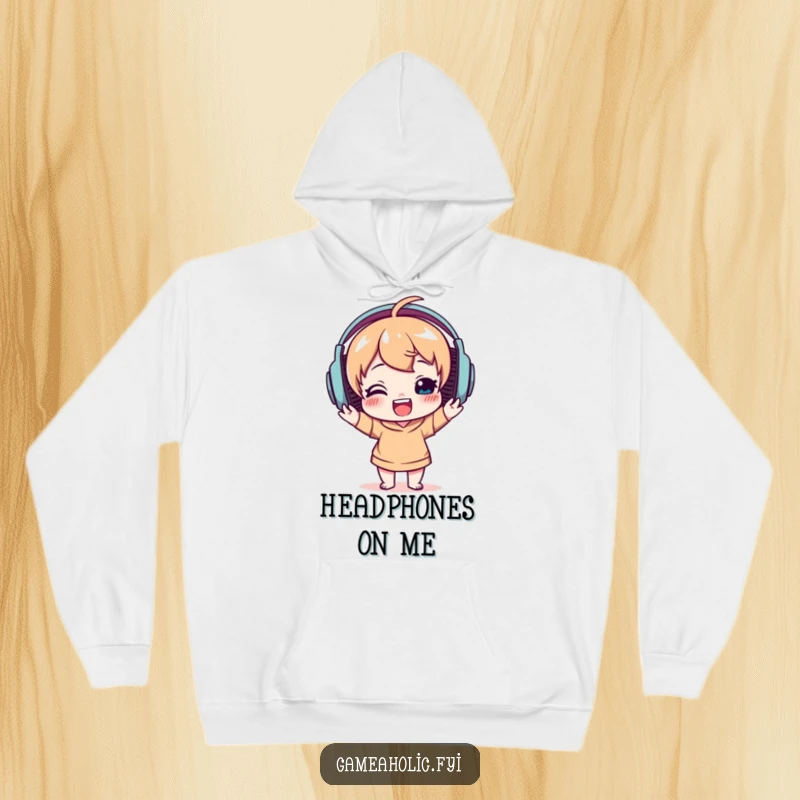 Funny hoodie with a delighted character wearing large headphones, happily bobbing their head, perfect for music lovers seeking comfort.
