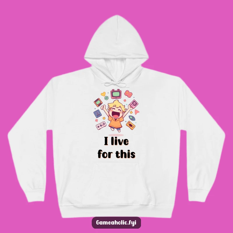 Funny Gamer Hoodie: Cheerful Character with Game Icons, Cozy and Humorous Gift