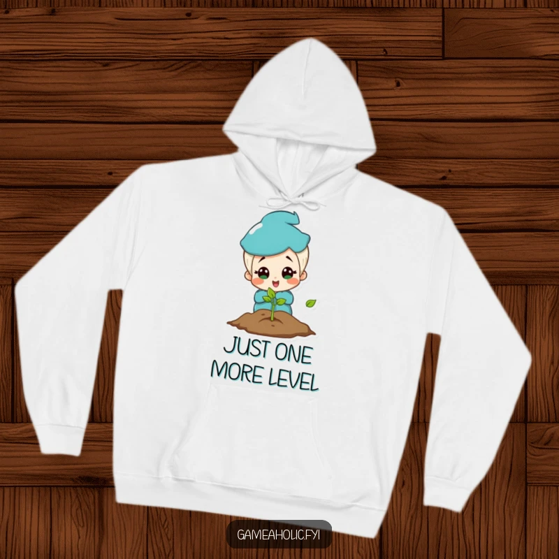 Funny hoodie depicting a charming character in awe of a luminous video game screen, expressing pure gaming bliss.
