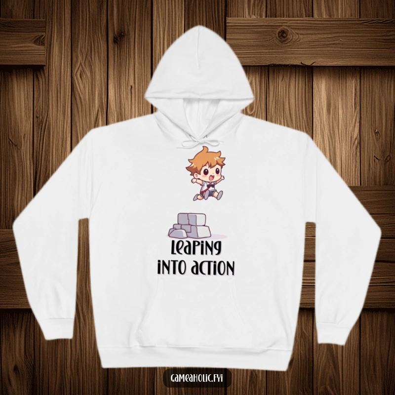 Funny hoodie depicting a character leaping over a pixelated obstacle, offering warmth and a geometric, abstract design.