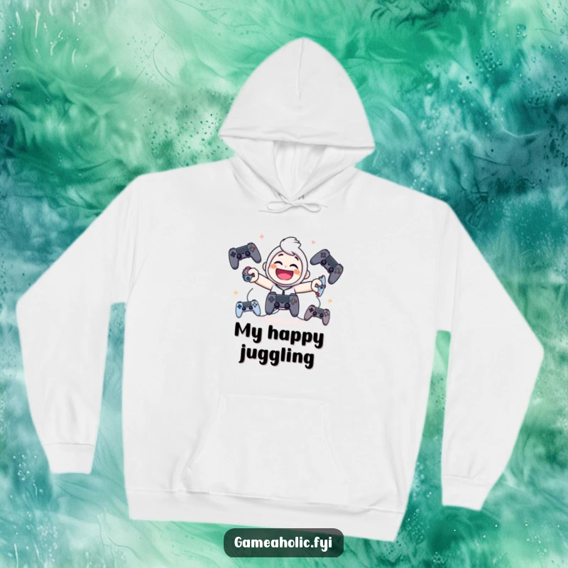 Funny hoodie with a giggling character smiling while juggling numerous game controllers, perfect for cozy gaming sessions.
