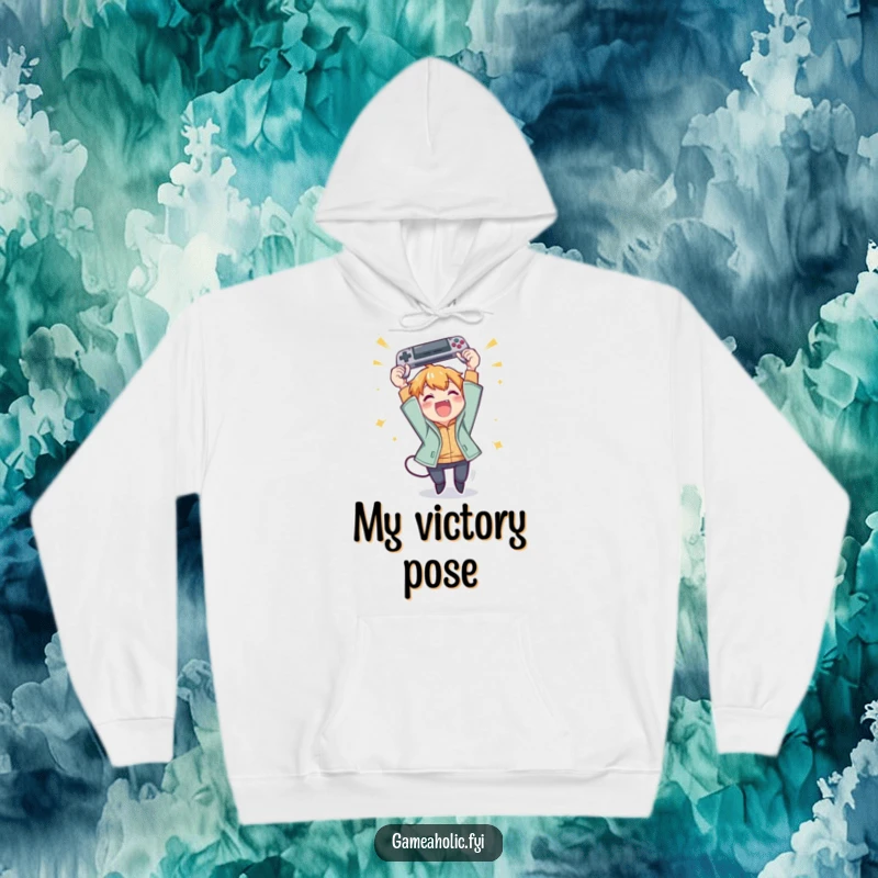 Funny hoodie showing a character excitedly throwing a gamepad in the air with pure, unadulterated joy.