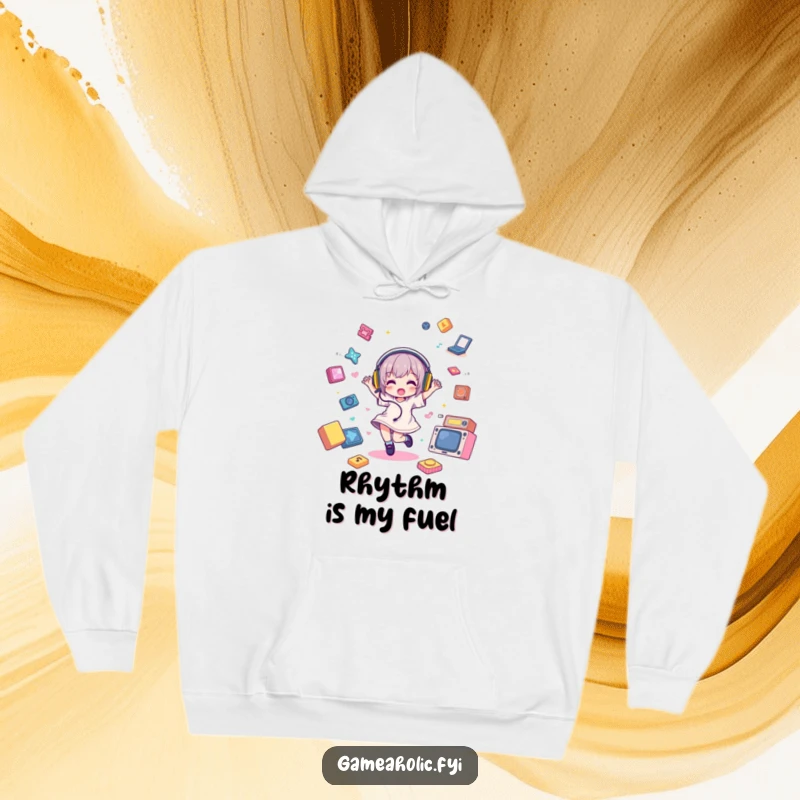 Funny Hoodie featuring a character jamming out with headphones amidst floating game items, perfect for a funny gaming session.