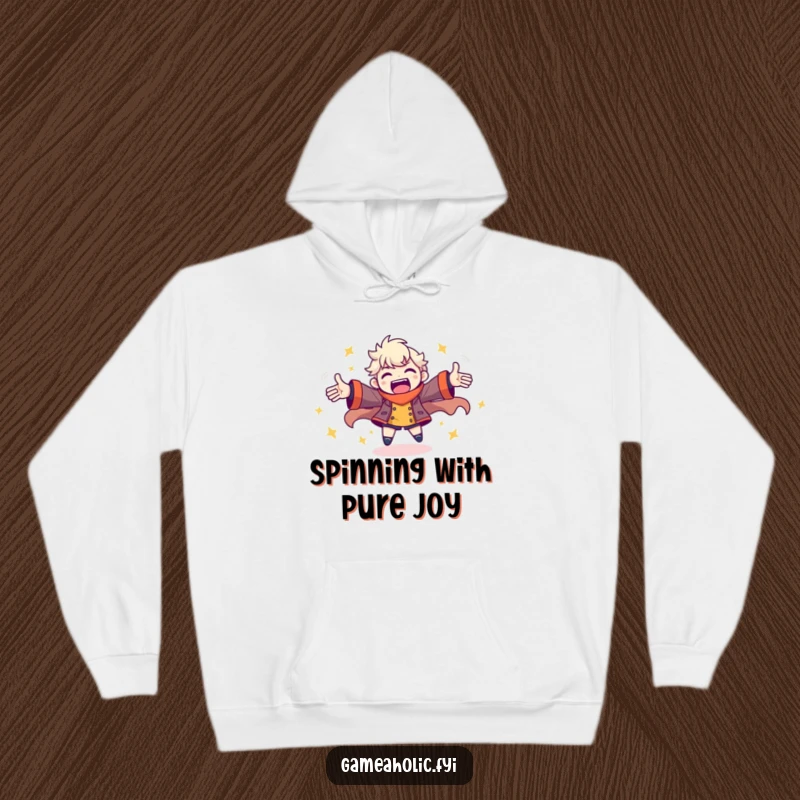 Funny hoodie depicting a character spinning with outstretched arms, radiating pure, unbridled gaming energy and excitement.