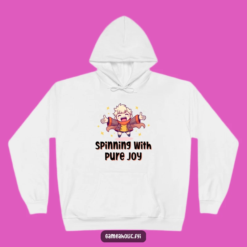 Funny Gamer Energy Hoodie: Spinning Joyful Pose for Cozy Play