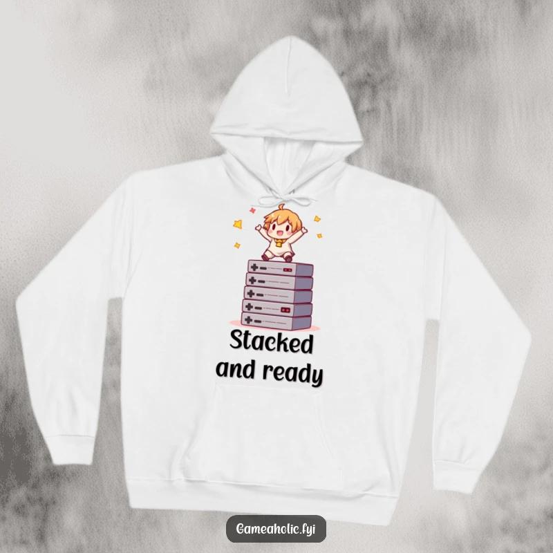 Funny gamer hoodie featuring a character happily balancing on a stack of game cartridges, perfect for cozy gaming.
