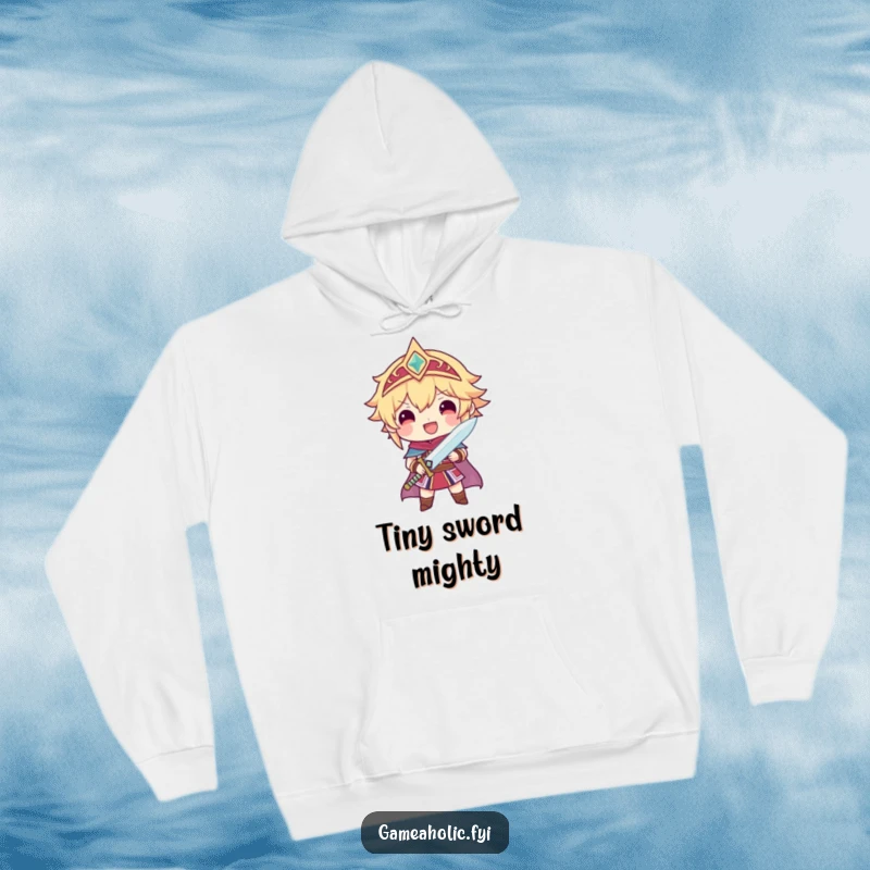 Funny hoodie with a character radiating pride, holding a tiny, sparkling sword, embodying a triumphant hero.