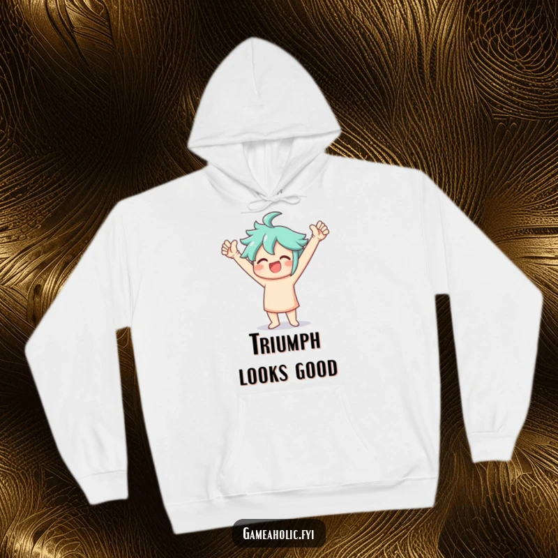 Funny Hoodie depicting a joyful character in a triumphant victory dance pose, arms raised high in celebration.