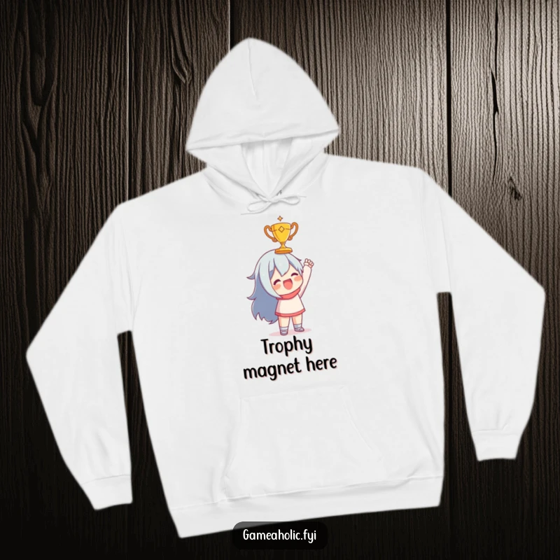Funny hoodie depicting a character joyfully holding a tiny, golden trophy, embodying the spirit of winning and celebration.