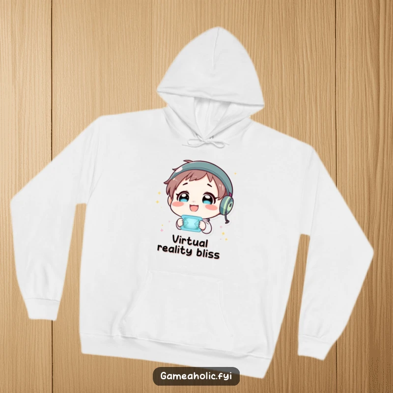 Funny hoodie showing a character beaming with delight, completely absorbed by the captivating visuals of a flashing virtual world.
