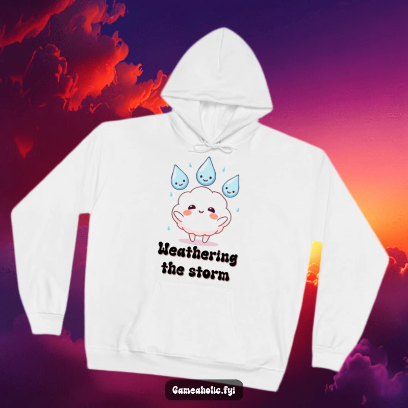 Funny hoodie featuring a fluffy cloud character juggling three happy rain drops, embodying playful multitasking and weather-themed charm.