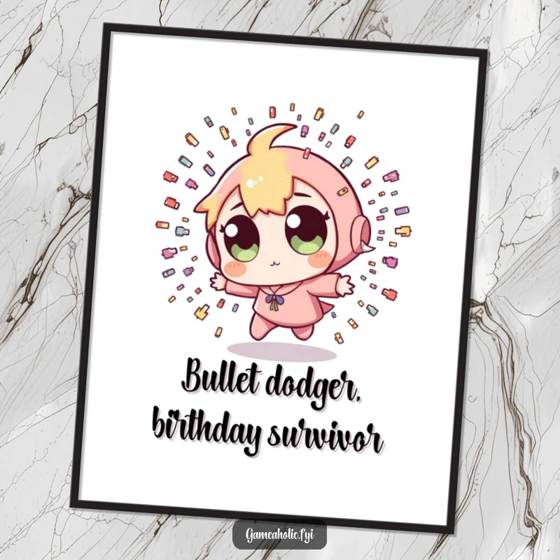 Funny Free Printable Wall Art: Character with wide, startled eyes zig-zagging to dodge tiny pixel bullets.