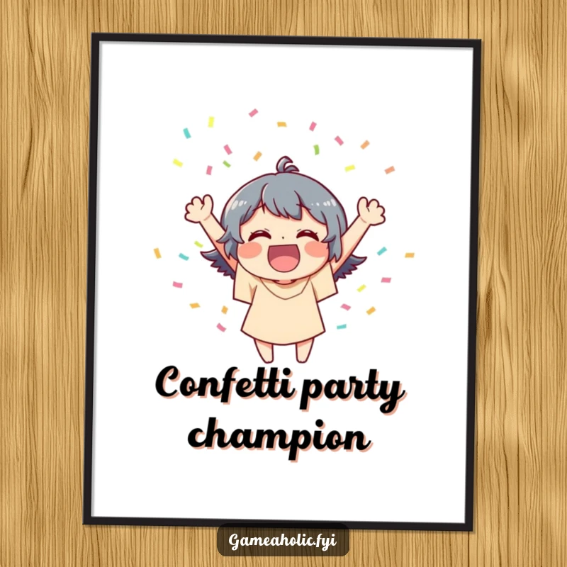 Funny Free Printable Wall Art: Joyful character celebrating big with a dynamic, vibrant shower of confetti.