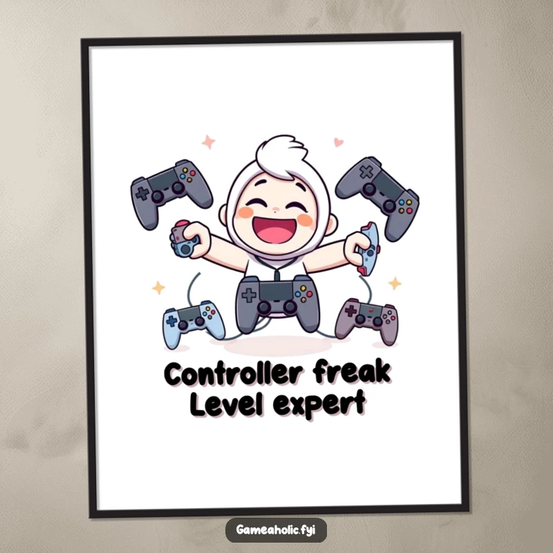 Funny Free Printable Wall Art: Giggling character with a smile, juggling multiple colorful game controllers with ease.