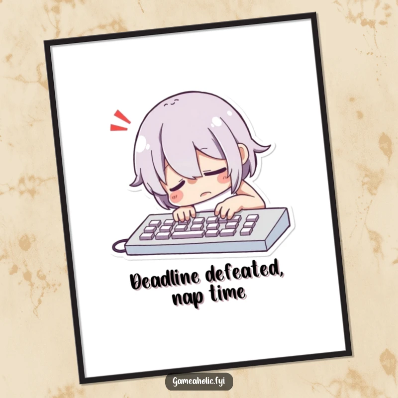 Funny Free Printable Wall Art: A character dramatically slumps over a keyboard with a comically exaggerated sigh, capturing work-life humor.