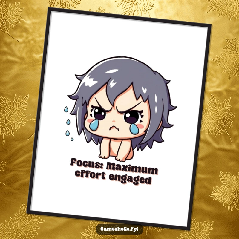 Funny Free Printable Wall Art: Playful character intensely focused, sweat drops flying, representing peak concentration and effort.