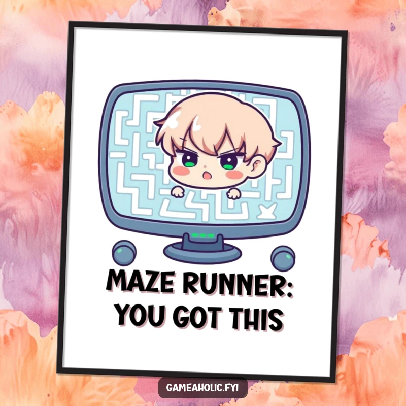 Funny Free Printable Wall Art: Character with determined expression navigating a complex digital maze, symbolizing focus and strategy.