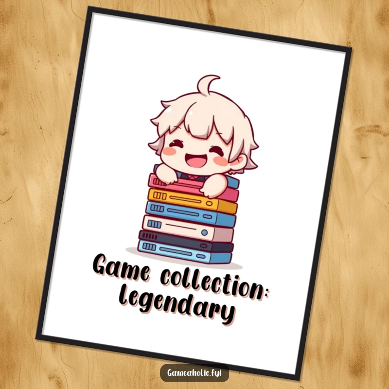 Funny Free Printable Wall Art of a character with a wide grin, balancing an impressively tall stack of video game cases.