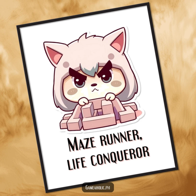 Funny Free Printable Maze Wall Art: Character with a determined face, intensely focused on a tiny challenging maze. Downloadable decor.