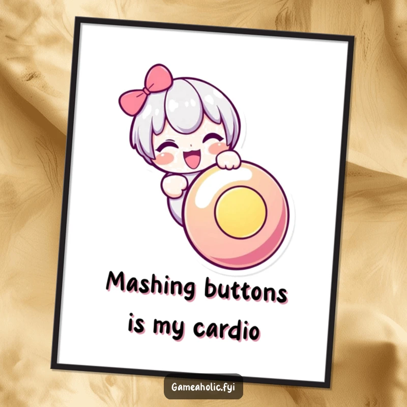 Funny Free Printable Wall Art: Cute character excitedly mashing a large, glowing button, symbolizing digital achievement.