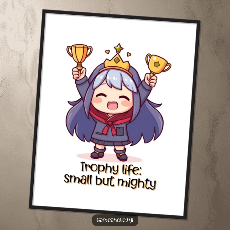 Funny Free Printable Wall Art: A character celebrating a comical victory, holding a miniature trophy with immense pride.