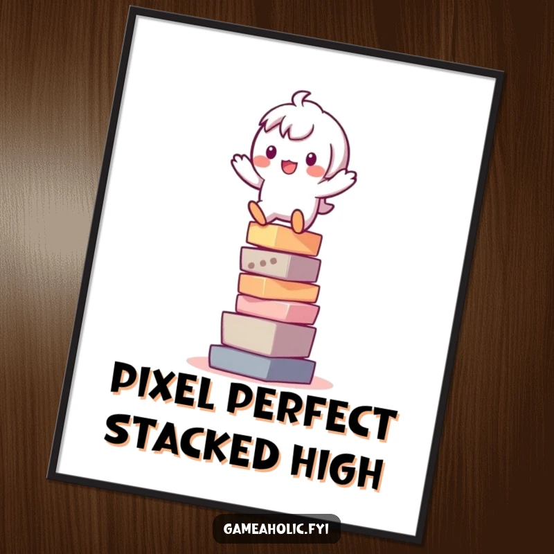 Funny Free Printable Wall Art: Playful character balancing precariously on a colorful stack of digital pixels.