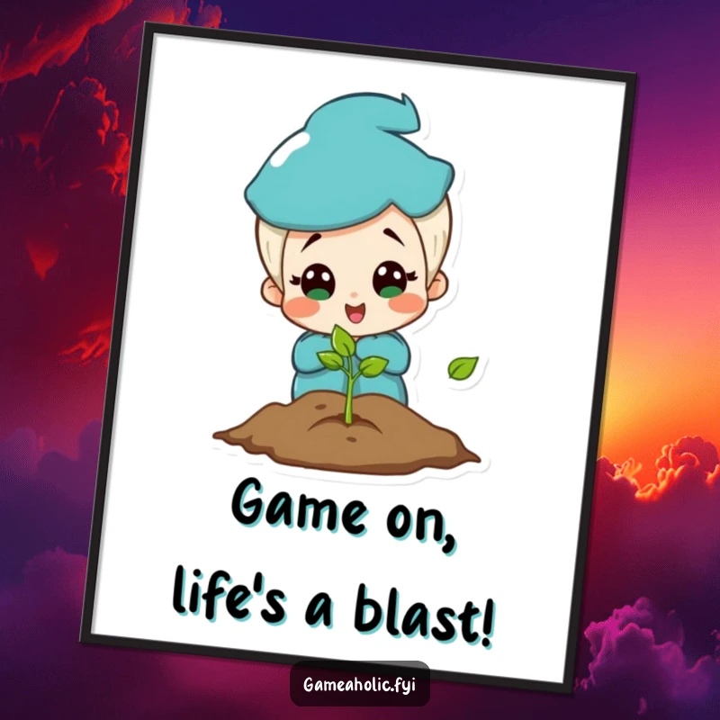 Funny Free Printable wall art of a charming character looking surprised and delighted at a glowing game screen.