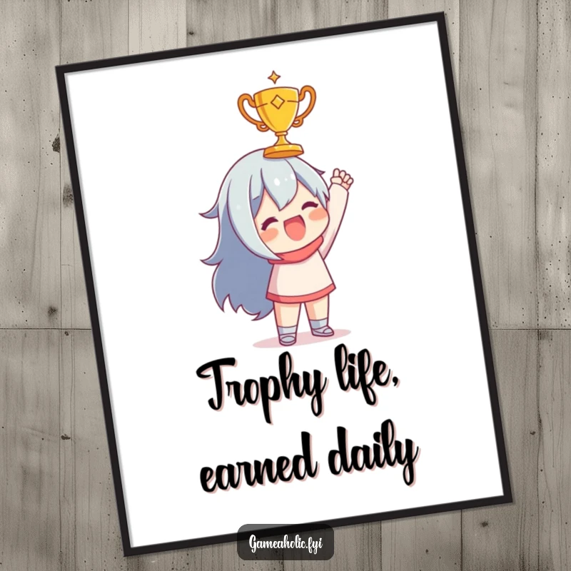 Funny Free Printable Winner Wall Art: Character joyfully holding a tiny golden trophy, celebrating success. Downloadable motivational decor.